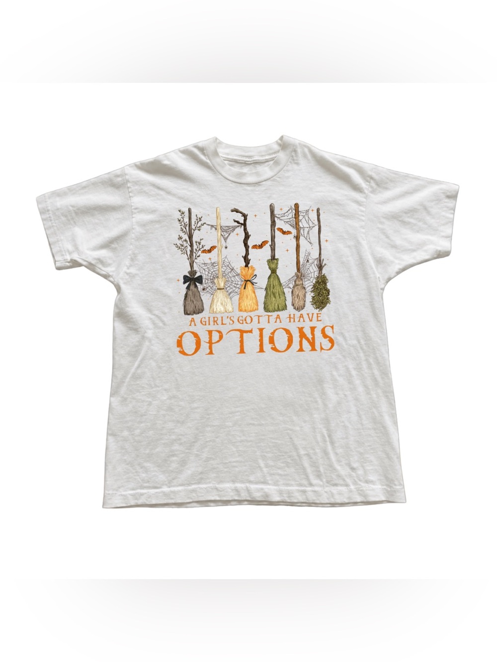 White Tee with Orange & Green Halloween Broom Graphic